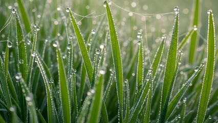 Close-up of Dew-covered Green Grass Blades in Morning Sunlight