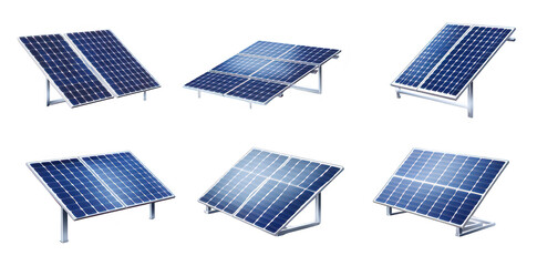 Collection of various solar panel designs different angles and configurations. set against a clean background. ideal for renewable energy projects and environmental initiatives