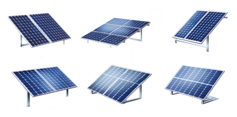 Collection of various solar panel designs different angles and configurations. set against a clean background. ideal for renewable energy projects and environmental initiatives