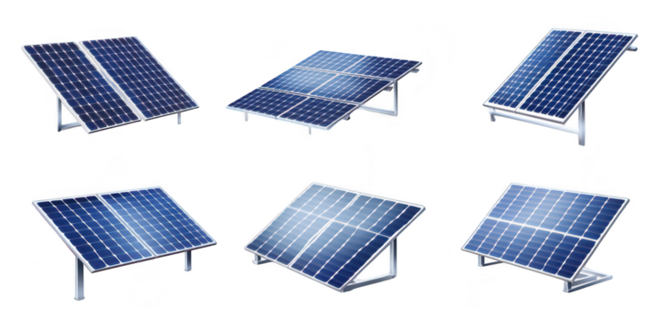 Collection of various solar panel designs different angles and configurations. set against a clean background. ideal for renewable energy projects and environmental initiatives