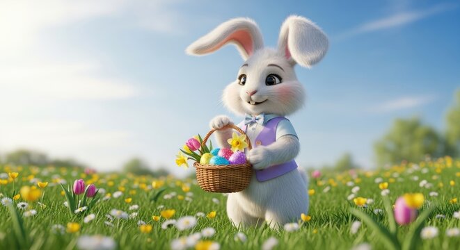 A white rabbit holding a basket of Easter eggs in a grassy field with flowers.