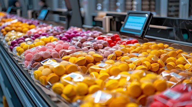 Colorful candy sweet confectionery plastic wrapper package retail shelf with barcode label vibrant colors assortment market display aisle closeup