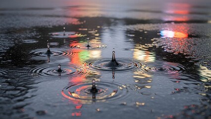 Rain Droplets Falling on Water with Colorful Reflections in a Calm Urban Scene