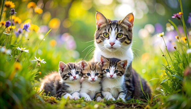 A tabby cat sits among wildflowers with her three fluffy, blue-eyed kittens huddled together, bathed in sunlight