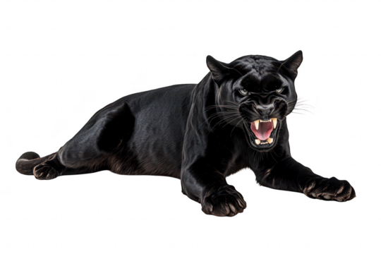 A fierce black panther snarling while lying on a white background. its powerful physique and intense expression. ideal for wildlife photography and educational materials - Powered by Adobe