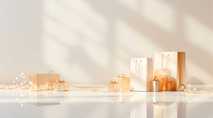 Luxury gifts and shopping bags bathed in soft light perfect for holiday promotions, branding campaigns, and elegant e-commerce designs to elevate your project