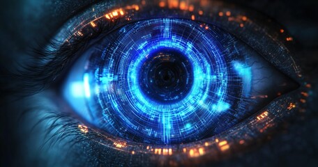 Close-up human eye with glowing blue digital iris, concentric circuit rings, visible eyelashes and skin texture, orange highlights, intense futuristic cybernetic gaze
