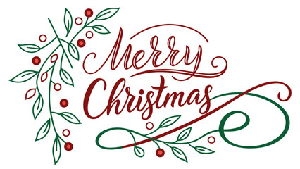 Merry christmas text with decorative branches and berries in red and green color scheme design element