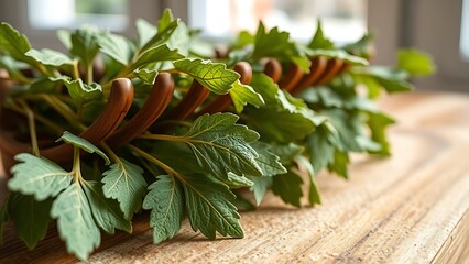 tolerable. Close-up of dried lovage leaves on a wooden rack with natural morning light. gardening catalogs, home-decor guides, designed for home decor and floral branding, used by sports marketers.