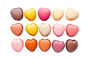 Fototapeta premium A colorful arrangement of heart-shaped macarons in various flavors and colors. set against a clean white background. perfect for celebrating love or special occasions