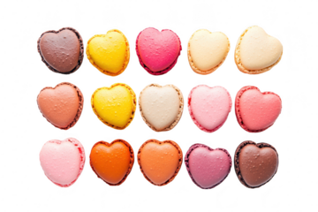 A colorful arrangement of heart-shaped macarons in various flavors and colors. set against a clean white background. perfect for celebrating love or special occasions