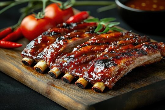 glazed grilled pork ribs with sticky barbecue sauce on a wooden board accompanied by cherry tomatoes, red chili peppers and fresh herbs, mouthwatering smoky comfort food