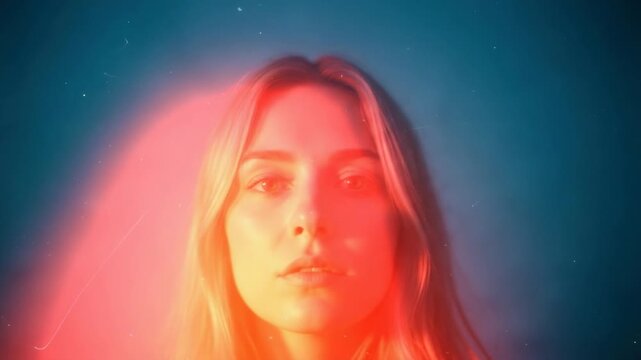Cinematic triptych of a beautiful young female with a glowing red aura. Spiritual and futuristic concept representing energy, consciousness and the human soul