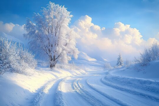 Winding snow-covered road with deep tire tracks passing frost-covered trees and bushes under a clear blue sky and pastel clouds, bathed in soft winter light, peaceful and serene
