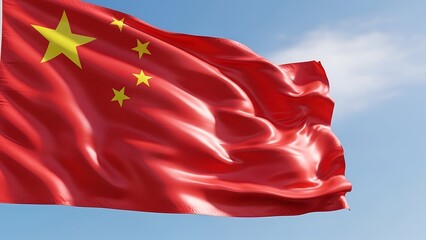 Chinese Flag Waving in Bright Blue Sky with Clouds