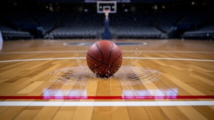 Basketball Dropping on Wooden Court During Game in Empty Sports Arena