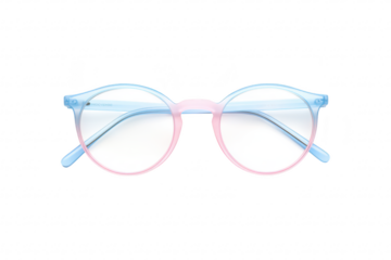 A stylish pair of round glasses featuring a unique blue and pink transparent frame. set against a clean white background. ideal for modern eyewear trends