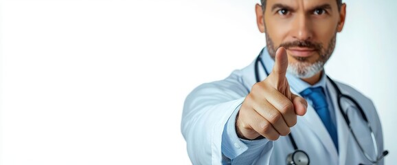 medical professional in white coat with stethoscope pointing directly at viewer, confident assertive gesture on clean white background