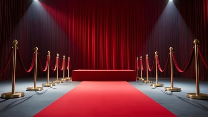 tunicle. Empty award podium on red carpet with velvet ropes, ceremonial space with soft lighting. event programs, museum guides, designed for cultural heritage projects and event programs.