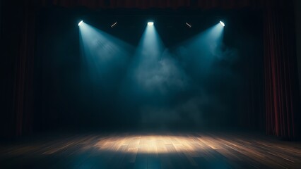 backstage. A solitary spotlight illuminates an empty wooden stage, creating anticipation for an unseen performance. event programs.