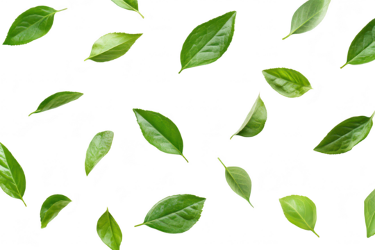 A arrangement of various green leaves scattered on a clean white background. the diversity of leaf shapes and textures. ideal for nature-themed design projects (1) - Powered by Adobe