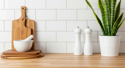 Kitchen countertop with cutting boards mortar pestle and plant