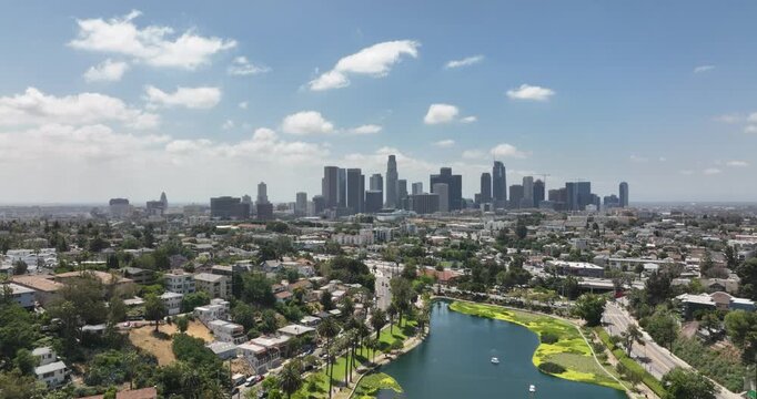 Aerial view of Los Angeles downtown, fly drone, skyscrapers cityscape. Los Angeles, USA, June 1, 2022.