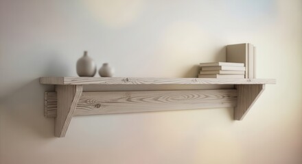 Rustic wooden floating shelf displays decorative objects and stacked literature against a subtly lit wall