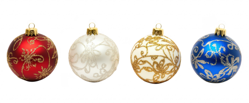 A display of four decorative Christmas ornaments in red. white. gold. and blue. intricate floral designs. set against a clean white background. perfect for holiday-themed projects