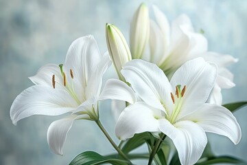 Obraz premium Close-up of white lily blossoms with unopened buds, green stems and leaves against a soft blue-gray background, evoking delicate serenity and pure beauty