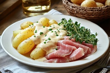 Plate of small boiled potatoes topped with creamy sauce, thinly sliced cured ham and fresh microgreens on a rustic table, warm and appetizing