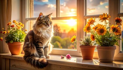 A tabby cat sits on a windowsill surrounded by potted plants, bathed in warm golden light from a sunset