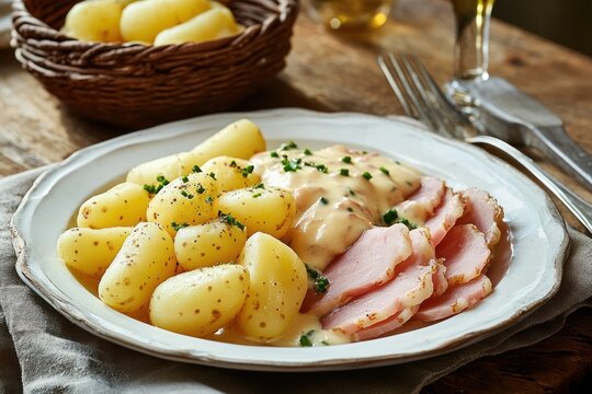 Warm rustic plate of baby potatoes and sliced ham draped in creamy mustard sauce, garnished with chopped chives, inviting comfort meal on a wooden table - Powered by Adobe