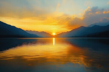 Fototapeta premium golden sunset over a tranquil mountain lake with perfect sun reflection and peaceful evening sky