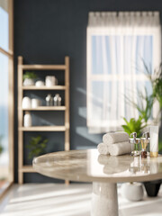 White lotion tube and glass pump bottle and towel on round marble table and sunlight in spa bathroom