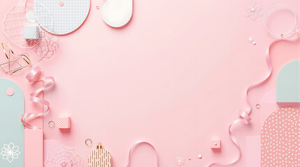 Delicate pastel ornaments and ribbons create a festive, modern holiday scene perfect for invitations, banners, and seasonal promotions with a touch of elegance