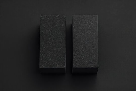 pair of textured black rectangular blocks on a dark matte surface evoking minimalist calm and balance