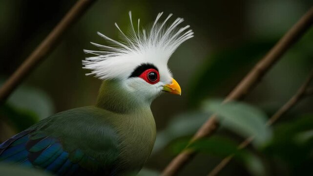 A beautiful white crested turaco with a striking red eye and vibrant green plumage. Exotic african bird perched on a branch in its natural jungle habitat. Panoramic banner format