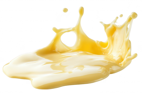 A dynamic splash of creamy yellow liquid. capturing the moment of impact. set against a clean white background. ideal for culinary or artistic presentations