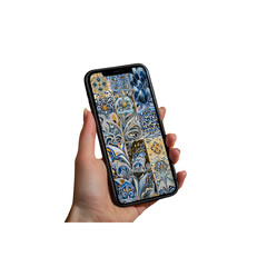 Elegant hand holding a smartphone showcasing vibrant blue and gold tile designs, perfect for interior decor inspiration or showcasing creative phone applications