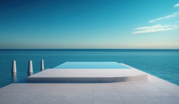 Minimalist infinity pool on a white stone terrace with three concrete posts in the sea, overlooking a calm turquoise ocean and clear blue sky, serene and peaceful