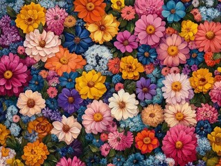 Close-up tapestry of multicolored flowers and green leaves, a joyful vibrant floral mosaic filling the frame