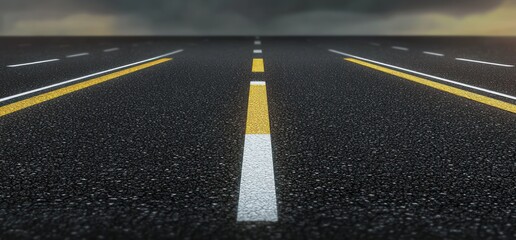 empty multi-lane asphalt road with yellow and white lane markings stretching to a stormy horizon, dramatic and tense atmosphere
