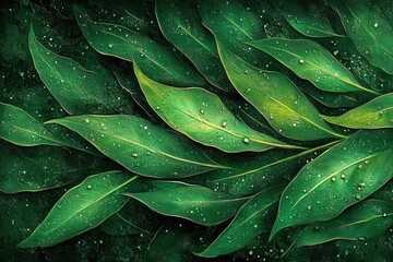 Obraz premium layered elongated green leaves with dew droplets on a dark textured background, lush tranquil and fresh foliage