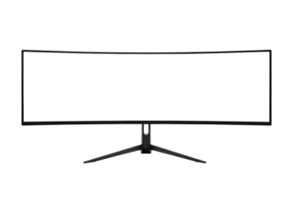 A modern black curved gaming computer monitor with a blank white screen. Isolated on transparent background, PNG, TV screen isolated on white background