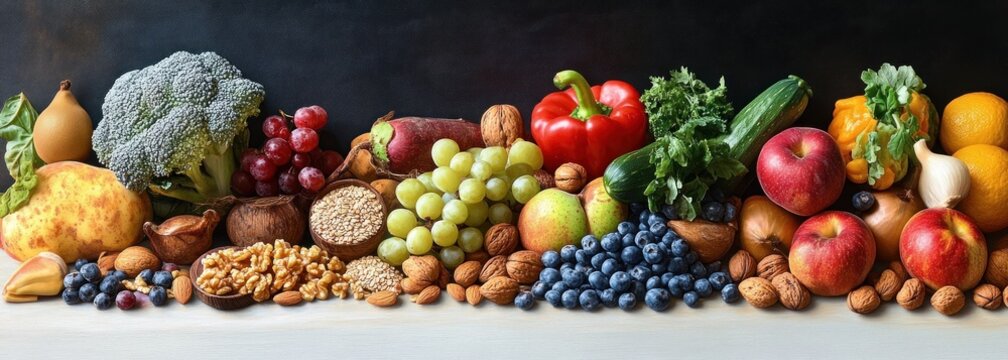 Vibrant bountiful spread of fresh apples, pears, green and red grapes, blueberries, broccoli, red bell pepper, cucumber, kale, oranges, garlic, mixed nuts and oats evoking wholesome abundance