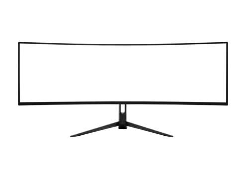 A modern black curved gaming computer monitor with a blank white screen. Isolated on transparent background, PNG, TV screen isolated on white background