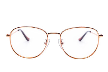 A pair of stylish eyeglasses with a rose gold frame and transparent lenses. centered against a clean white background. ideal for fashion or eyewear promotional content