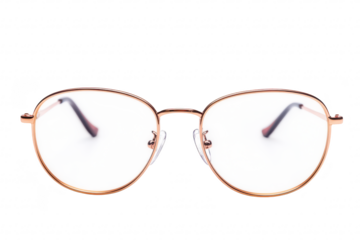 A pair of stylish eyeglasses with a rose gold frame and transparent lenses. centered against a clean white background. ideal for fashion or eyewear promotional content