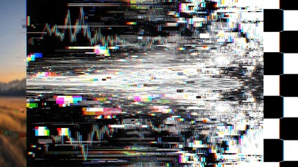 Digital Data Glitch with Colorful Pixelation and Distorted Lines on Black Background